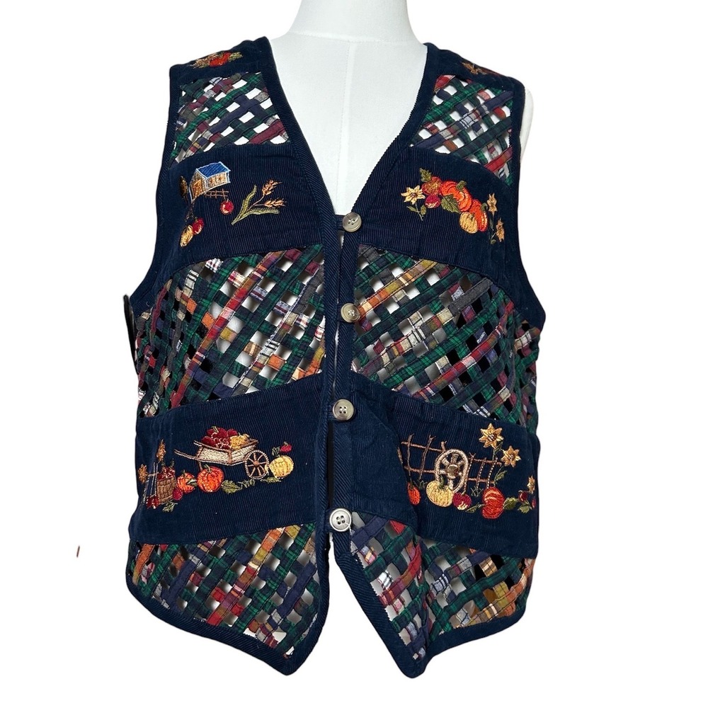Vintage Cascade Blues Womens M Navy Corduroy Embroidered Fall‎ Farmhouse Vest